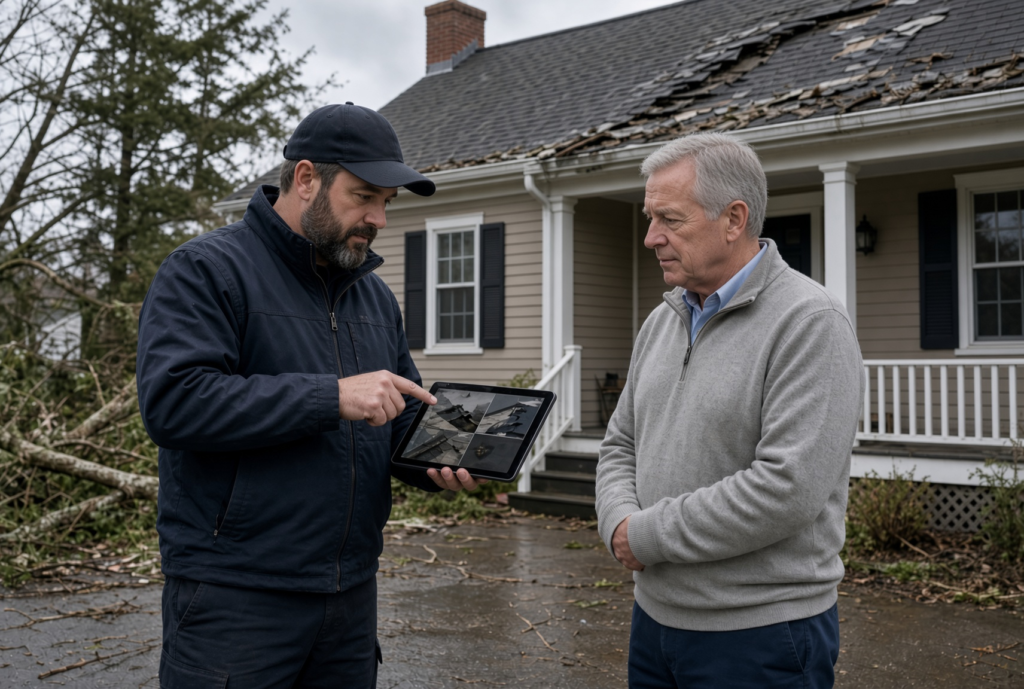Massachusetts roofer performing storm damage inspection after homeowner insurance claim
