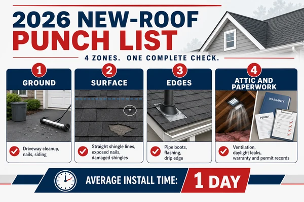 Four-zone new roof inspection checklist infographic