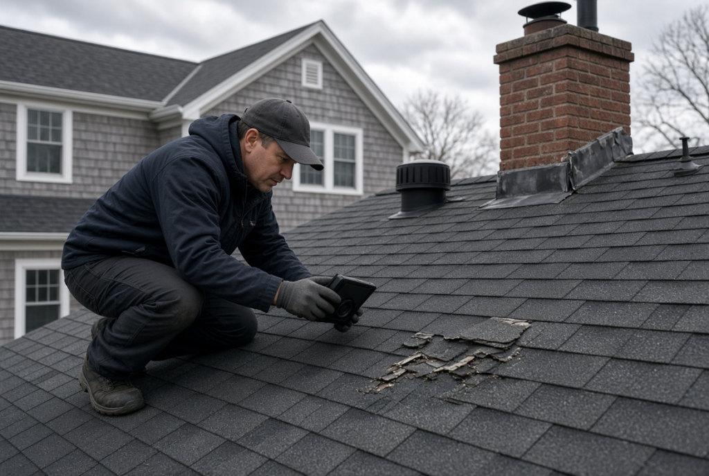 Professional roofer inspecting hidden roof damage on a Massachusetts home