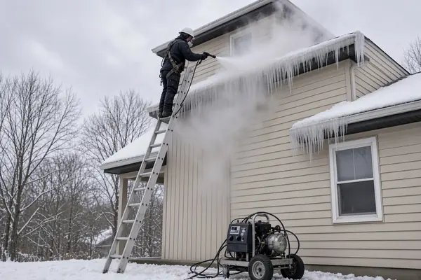 Professional roofer safely removing ice dams with steam equipment
