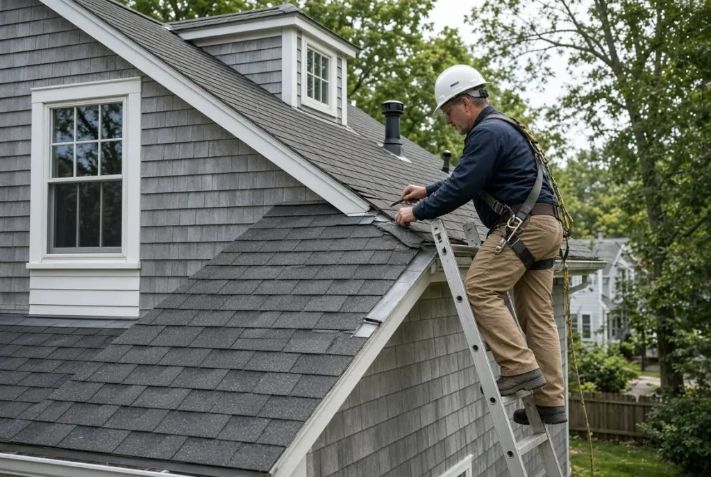 Roofing professional checking asphalt shingle layers during Massachusetts roof inspection