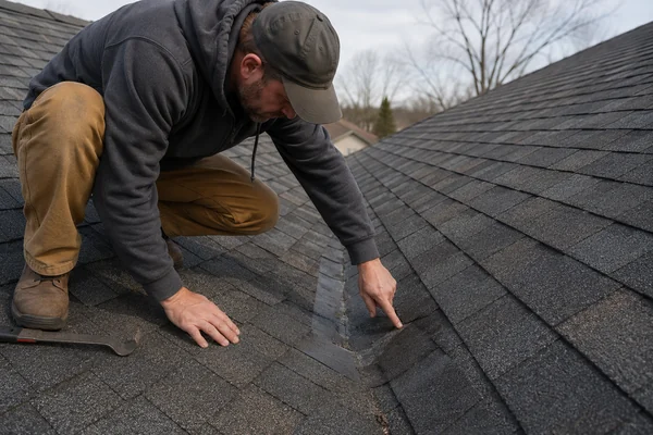 roofer inspecting flashing to find a roof leak