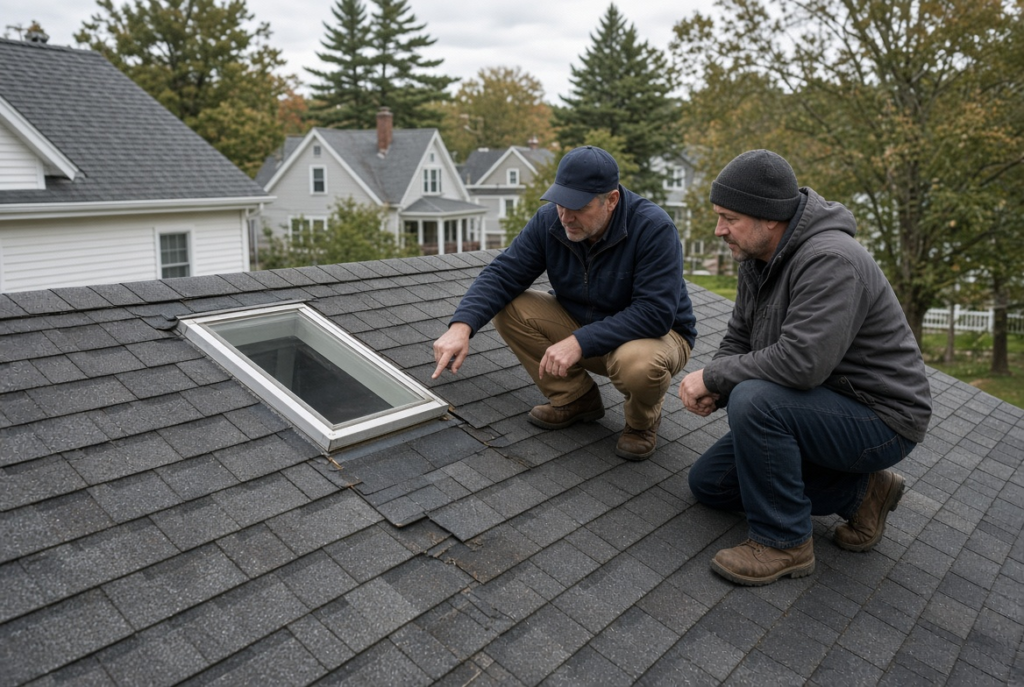 Roofer evaluating whether to replace skylight during roof replacement