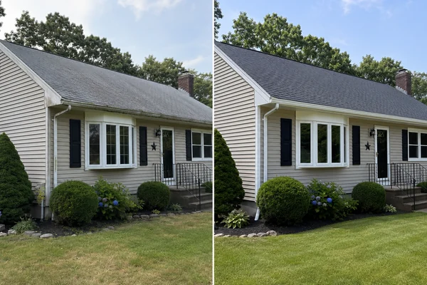 before and after of a Taunton roof and exterior project with a clean yard