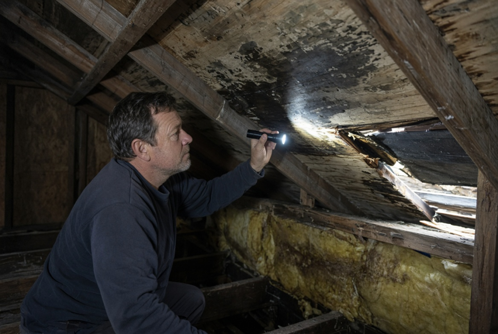 Attic sheathing staining and moisture damage found during roof inspection