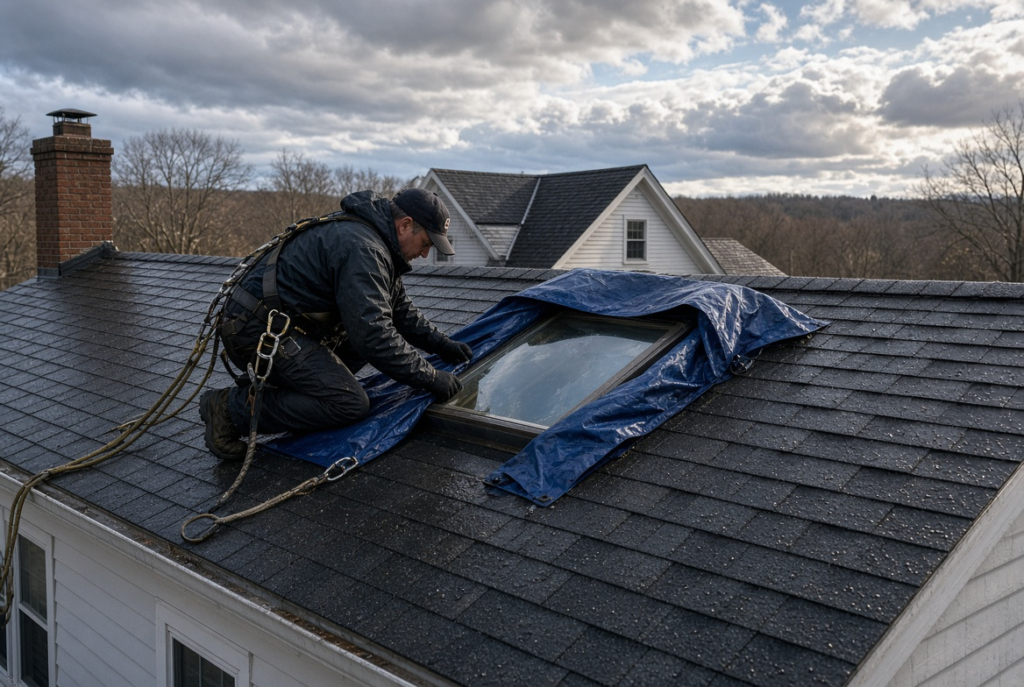 Emergency roof tarp protecting a leaking skylight after storm damage in Massachusetts