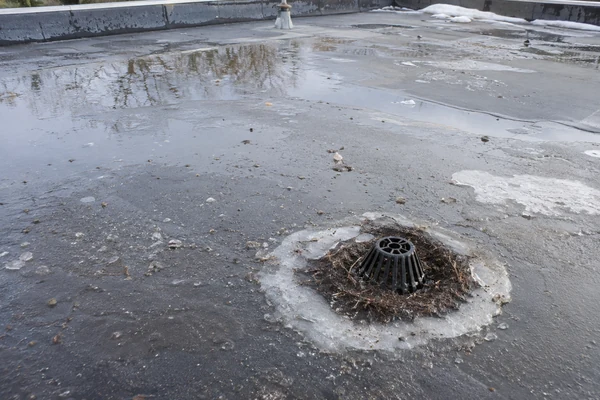 Ponding water at a blocked drain on a low-slope commercial roof in Massachusetts