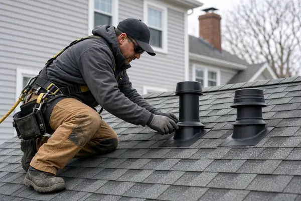 Roofer inspecting pipe boots during Massachusetts roof replacement