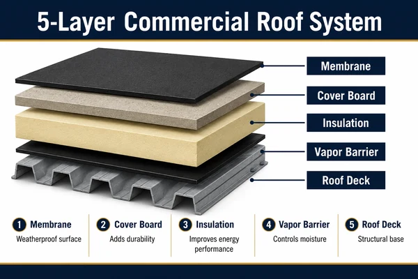 The five layers of a commercial roof assembly: membrane, cover board, insulation, vapor retarder and structural deck
