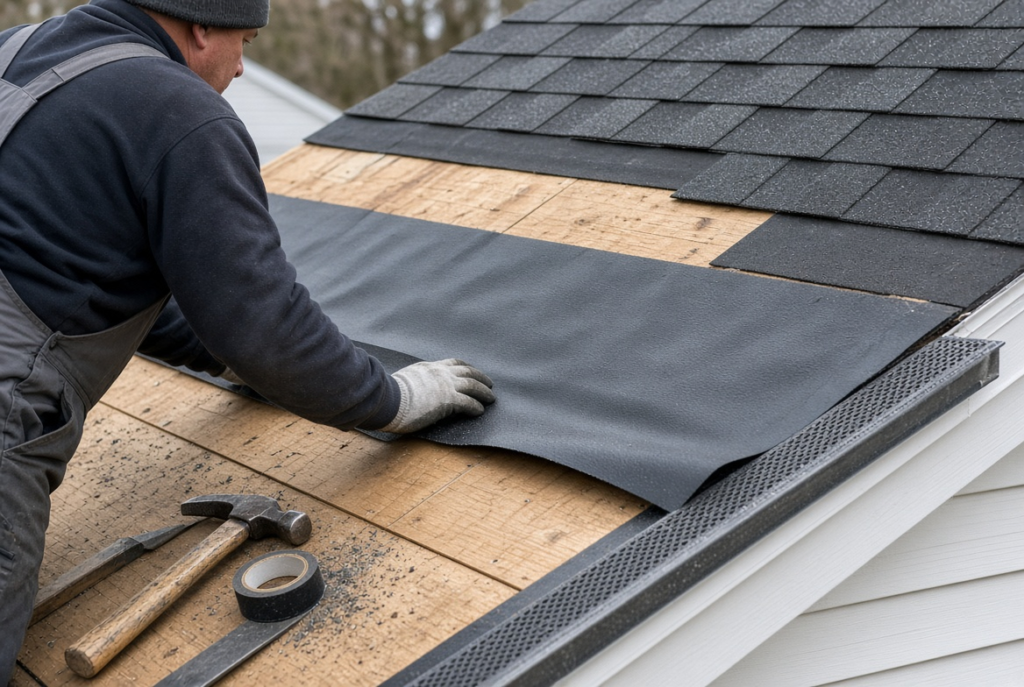 Ice and water leak barrier installed along the eave of a Massachusetts roof