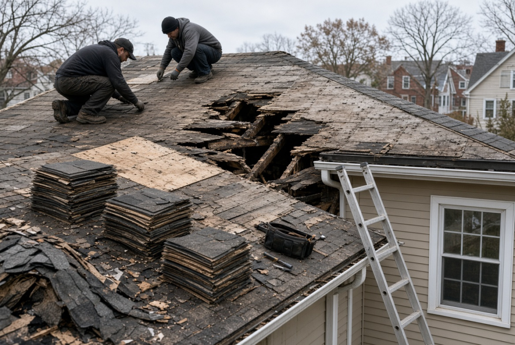 Rotted roof decking discovered after tear-off during Massachusetts roof replacement