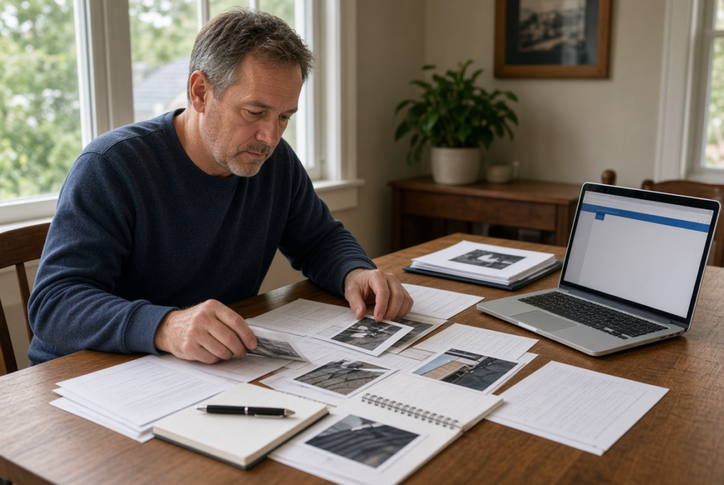 Massachusetts homeowner organizing roofing documents after a storm repair dispute