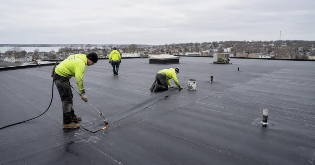 Commercial roofing crew installing membrane on a Quincy MA flat roof