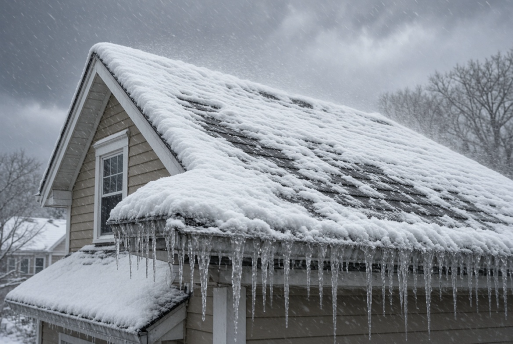 Snow covered roof during Massachusetts winter showing dangerous conditions for roof work
