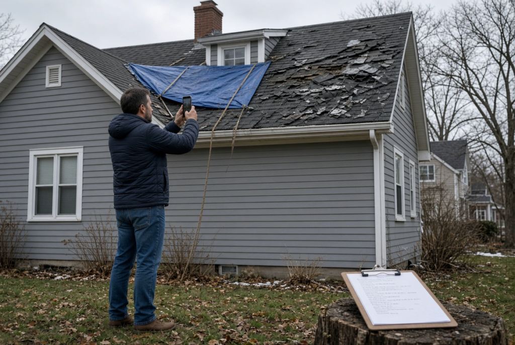 Homeowner documenting storm damaged roof for insurance claim
