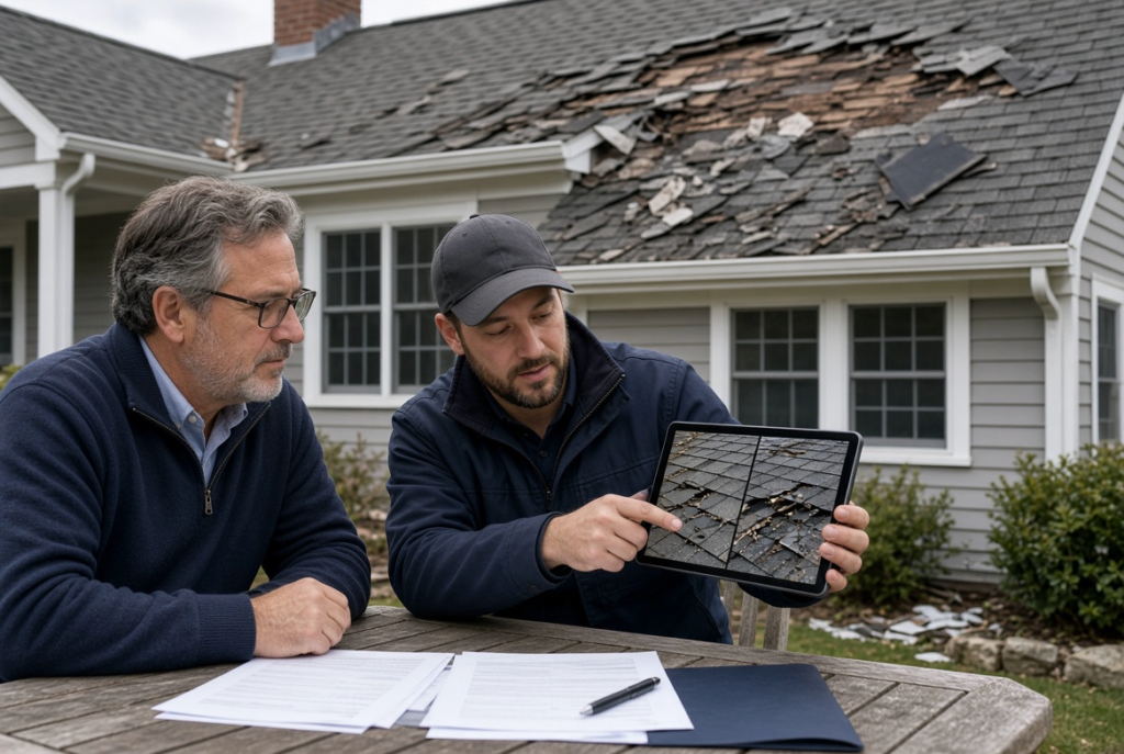 Homeowner discussing roof insurance claim details with a roofing professional in Massachusetts