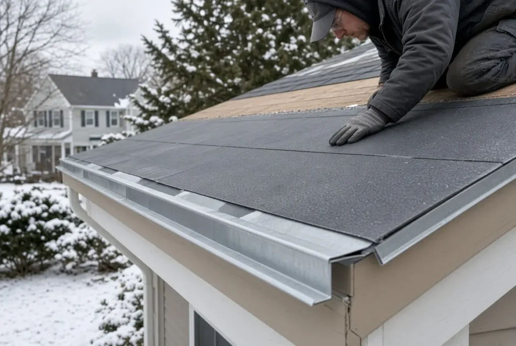 Roof contractor installing ice barrier and waterproof membrane in Massachusetts