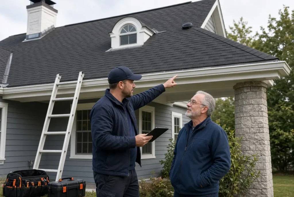 Roof inspector checking residential roof condition in Massachusetts