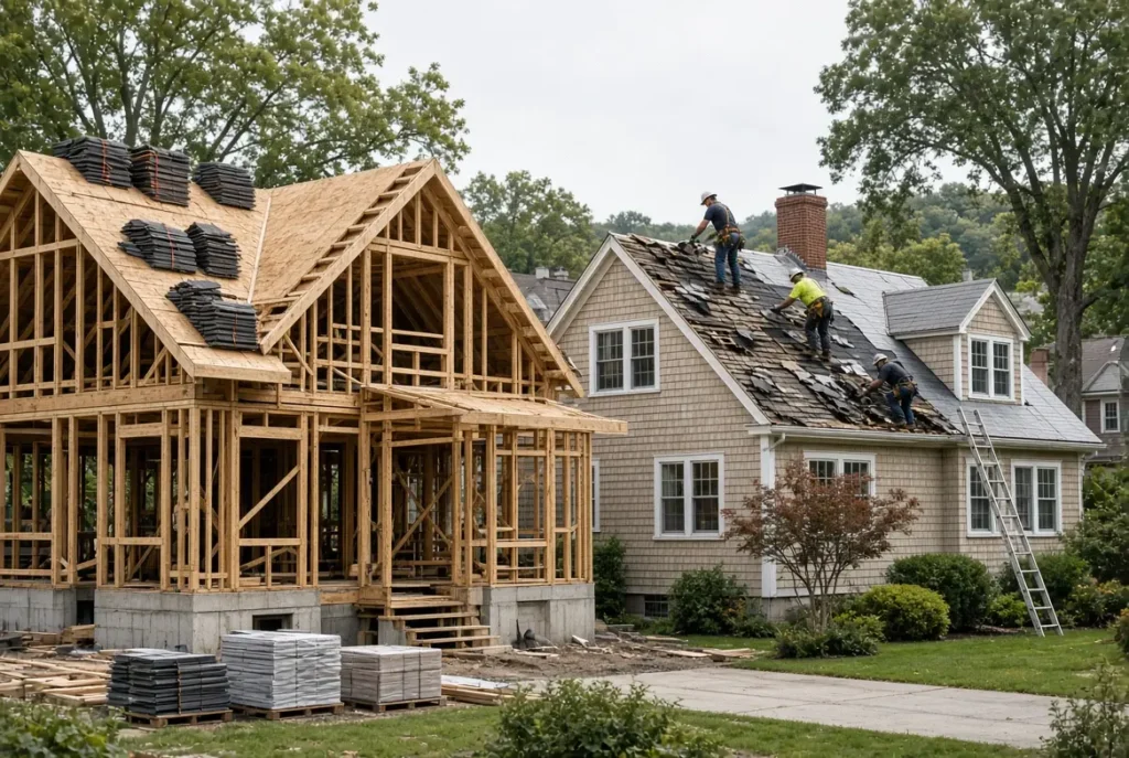 Massachusetts home showing new roof construction and roof replacement comparison