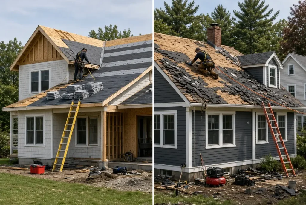 Roofers performing full tear-off replacement on Massachusetts home