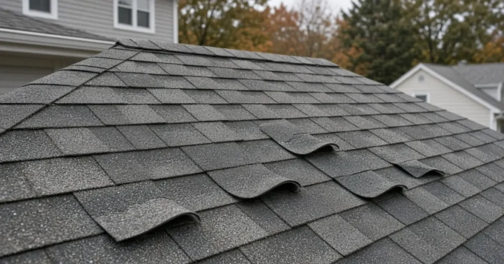 Curling asphalt shingles on a Massachusetts roof