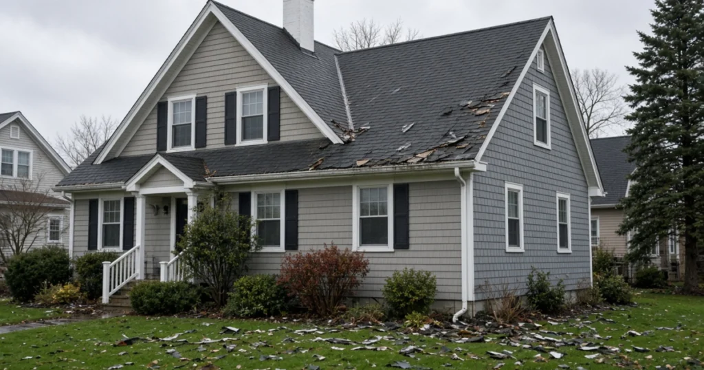 Wind damage to an asphalt shingle roof in Massachusetts