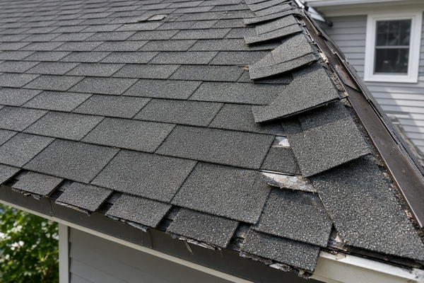 Wind uplift damage along a roof edge