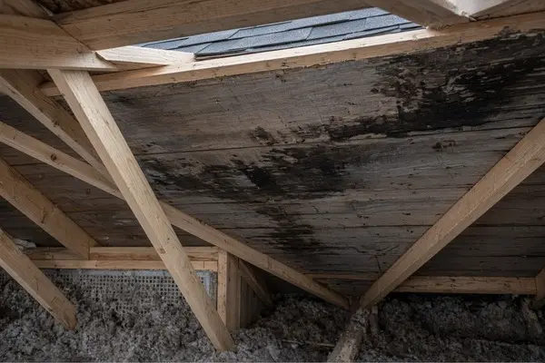Poor attic ventilation beneath asphalt shingles