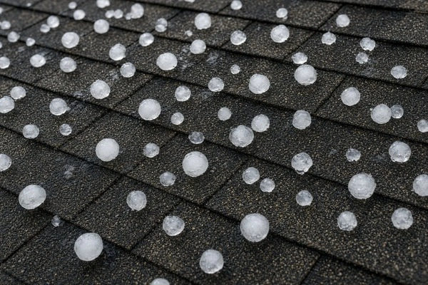 Small hailstones resting on asphalt roof shingles