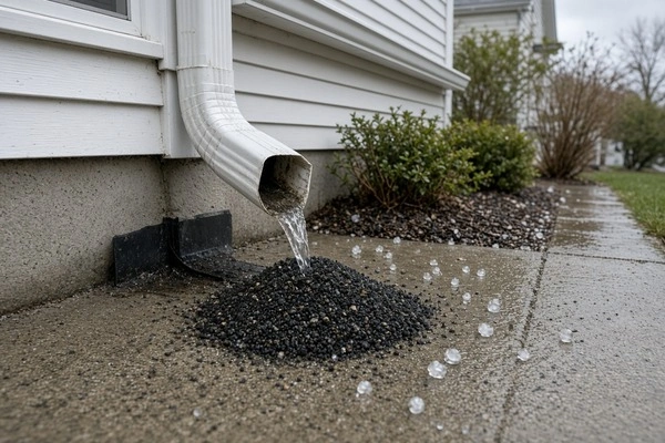 Roof granules collected near a downspout after hail