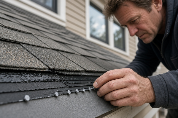 Roofing professional inspecting shingle installation