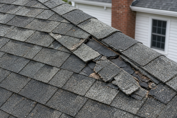 Wind damage on an older three-tab shingle roof