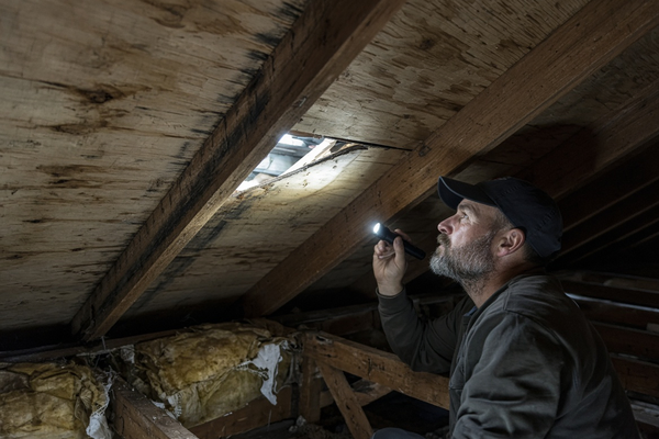 Attic inspection for wind damage and moisture
