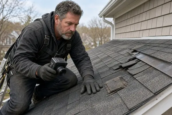 Roofer inspecting curling asphalt shingles