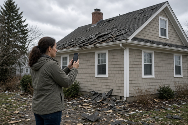 Homeowner documenting roof damage after a wind storm