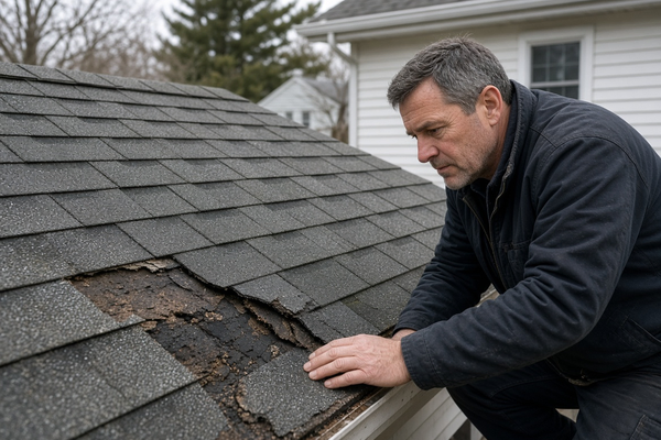 Roofer inspecting shingles for repair or replacement