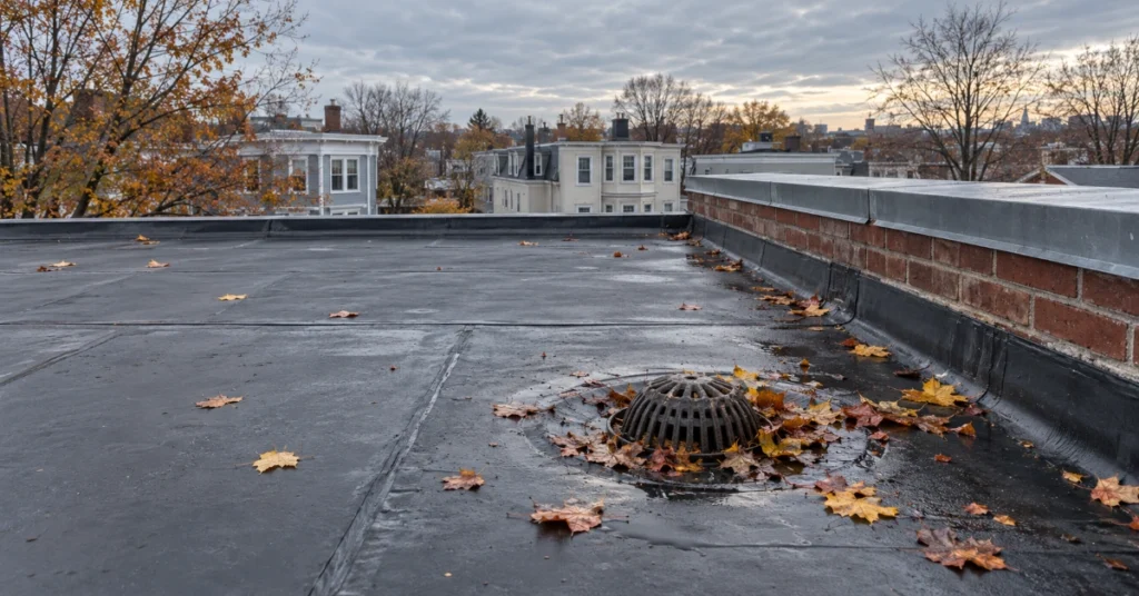 Flat roof maintenance on a Massachusetts three-decker, drain and parapet in view