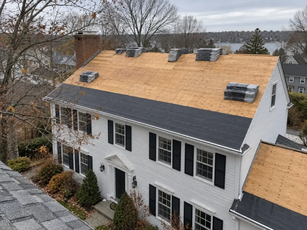 Ice and water shield installed along the eave of a Massachusetts home during roof replacement