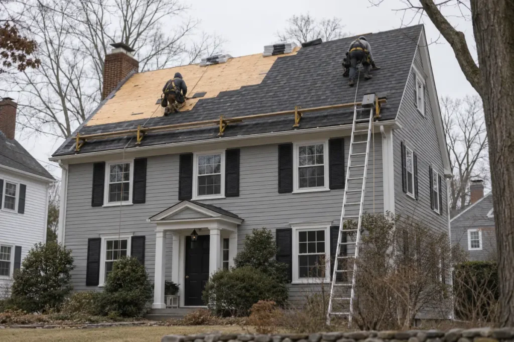 Roofing crew installing architectural shingles on a Massachusetts home
