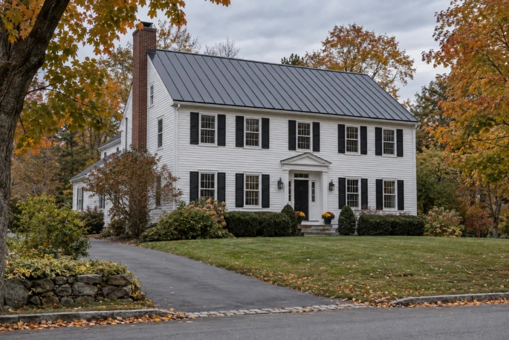 Dark gray standing seam metal roof on a New England colonial home in Massachusetts