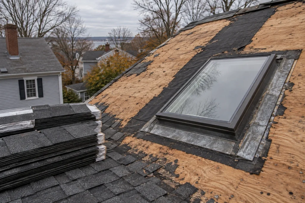 Skylight on a Massachusetts roof mid tear-off with shingles stripped back to bare deck
