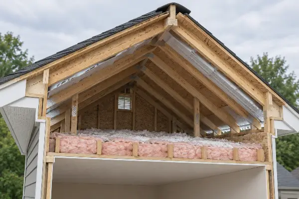Airflow path from soffit intake to ridge exhaust in a vented attic