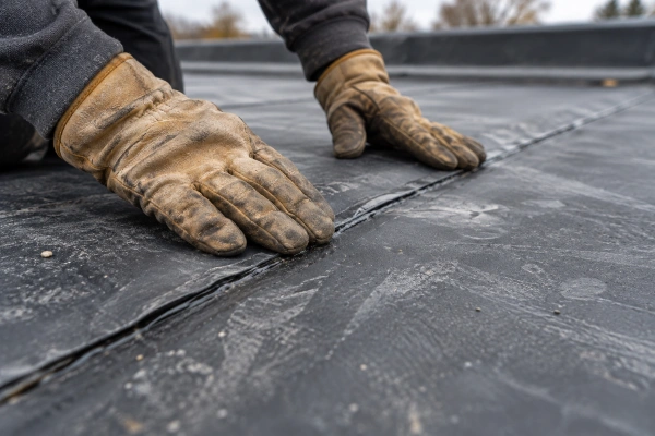 Gloved hands checking an EPDM seam during flat roof maintenance