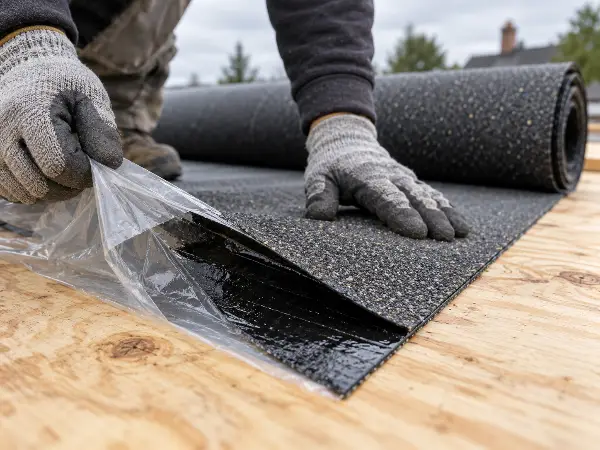 Self-adhering ice and water shield membrane bonding to a bare plywood roof deck