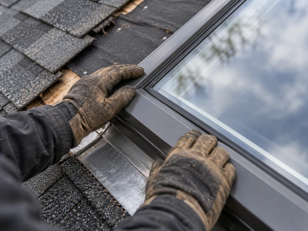 Roofer inspecting a skylight gasket to decide whether to replace the skylight or reflash it