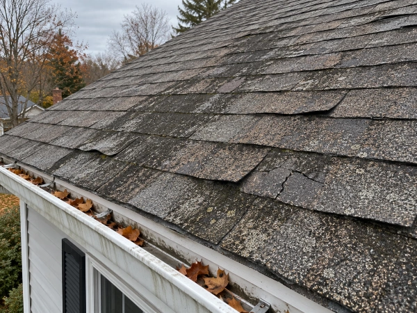 Aging asphalt shingle roof with granule loss and curling shingles on a Massachusetts home