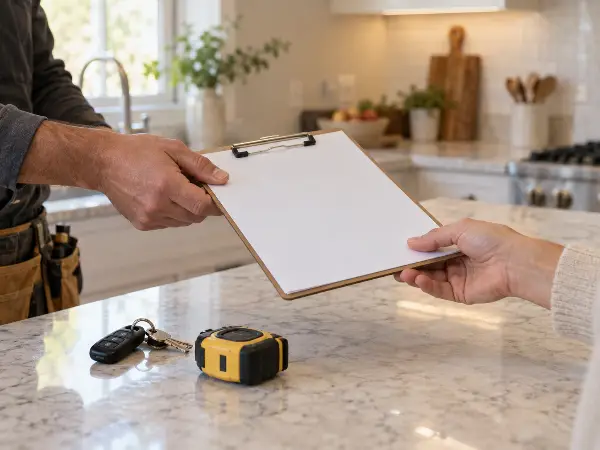 Roofing contractor handing licensing and insurance paperwork to a homeowner