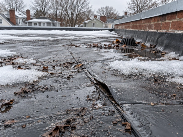 Late March flat roof maintenance check on a Massachusetts low-slope roof with melting snow