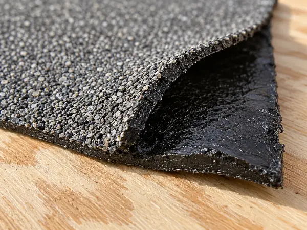 Cut edge of ice and water shield showing the mineral surface and rubberized asphalt layer