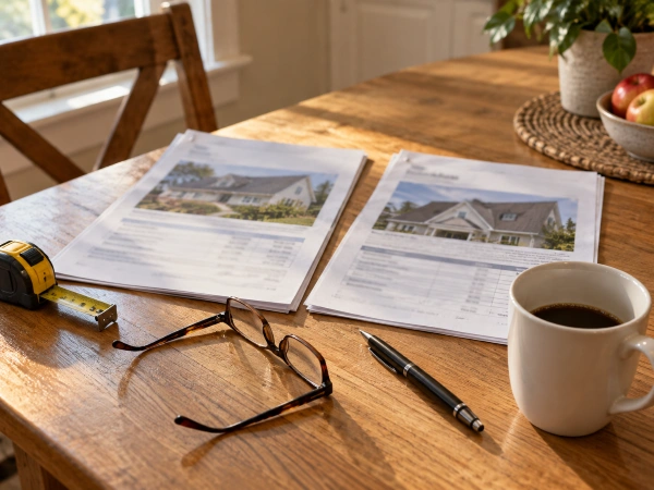 Two roof replacement estimates side by side on a kitchen table